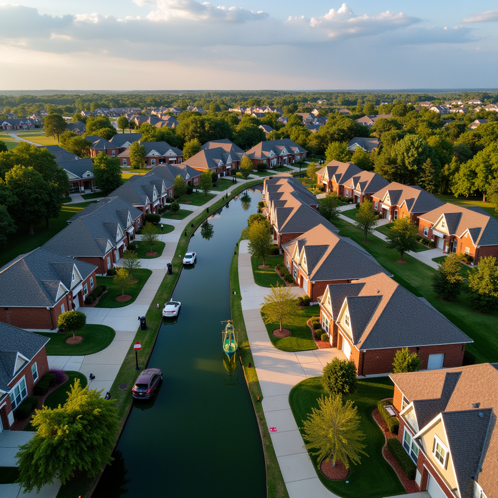 Beautiful aerial view of Village at St Ives residential community in Arlington, Texas, showing well-maintained homes, tree-lined streets, and community amenities with modern property management