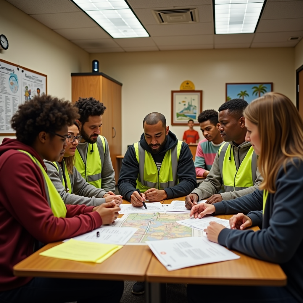 Group of diverse neighborhood watch volunteers gathered around a table in a community center meeting room, reviewing safety maps and documentation, with some volunteers wearing bright safety vests, engaged in collaborative discussion under warm lighting