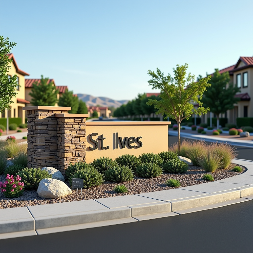 Renovated St Ives community entrance featuring new water-efficient landscaping with native drought-tolerant plants, decorative rock gardens, modern irrigation system, and updated community signage surrounded by sage green ornamental grasses and flowering perennials