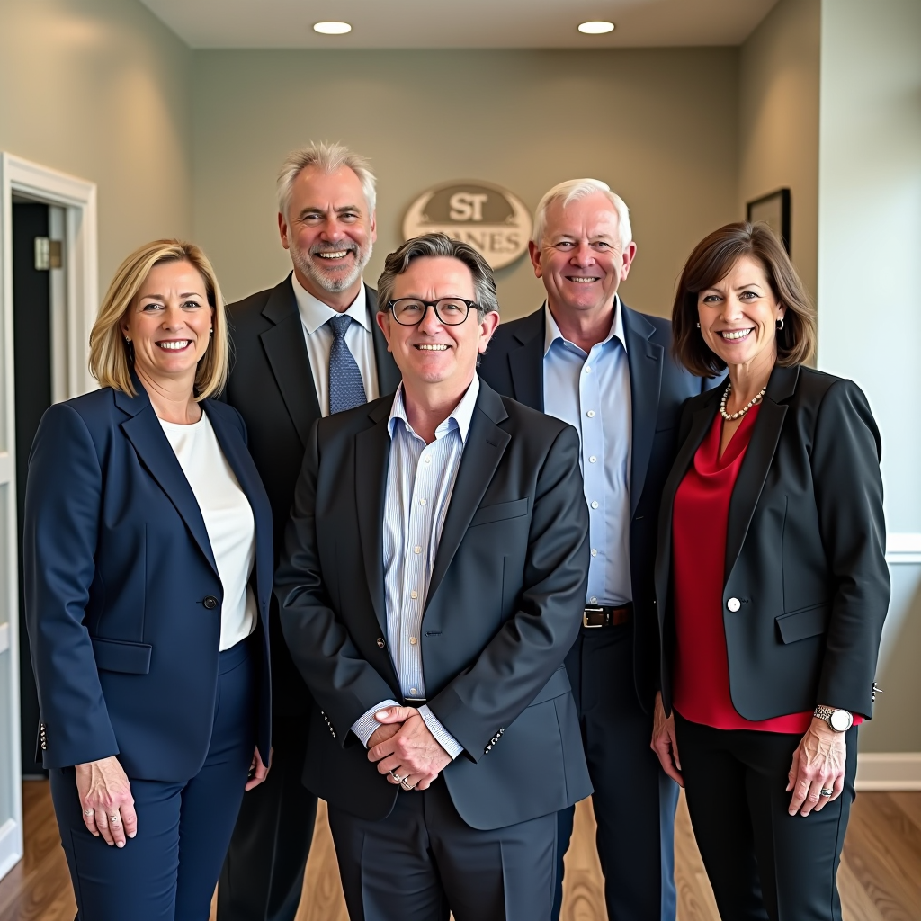 The newly elected St Ives Homes Board of Directors standing together in the community clubhouse, professional group photo showing five diverse board members in business casual attire, smiling and confident, with the St Ives community logo visible in the background
