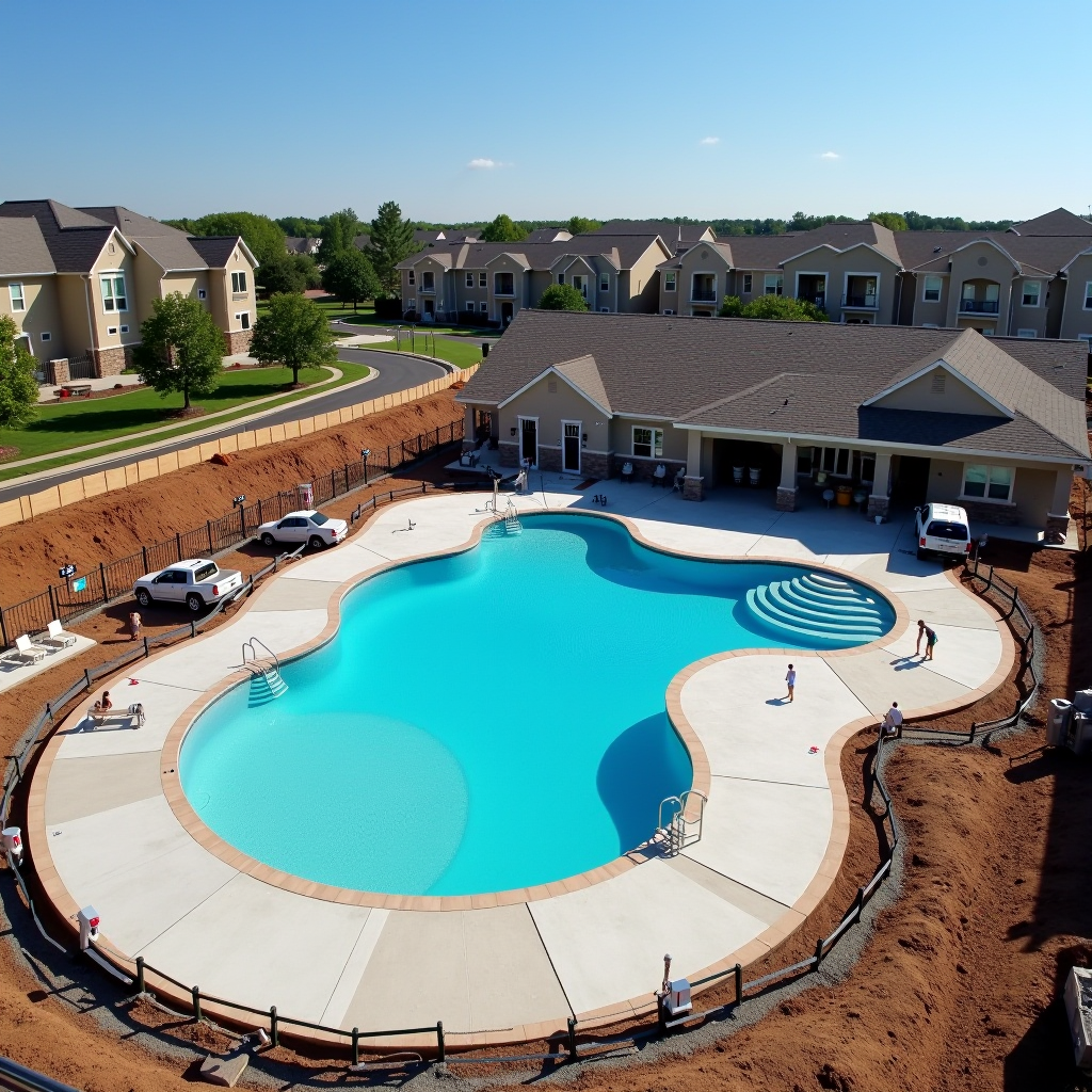 Aerial view of the Village at St Ives community pool renovation site showing the newly resurfaced pool shell with bright blue finish, construction equipment around the perimeter, workers installing new filtration equipment in the mechanical room, fresh concrete foundation for the new pool deck, safety barriers and construction fencing, and the surrounding community buildings in the background under clear blue skies