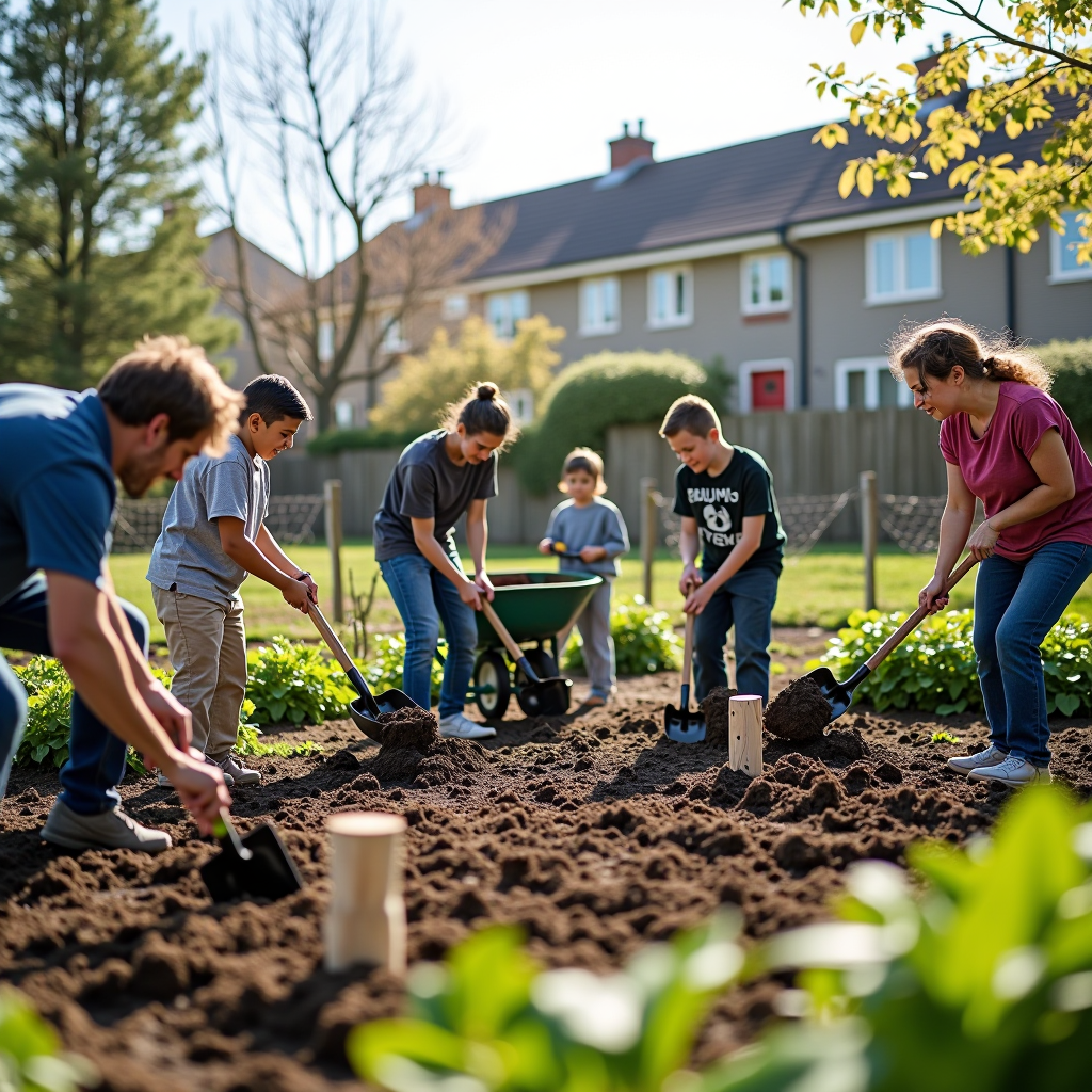St Ives residents working together to prepare garden plots, with several families using shovels and rakes to turn soil and mark out individual growing spaces. The scene shows diverse community members of different ages collaborating, with wheelbarrows, gardening tools, and wooden plot markers visible. In the background, residential buildings and trees frame the new garden area on a sunny spring day.