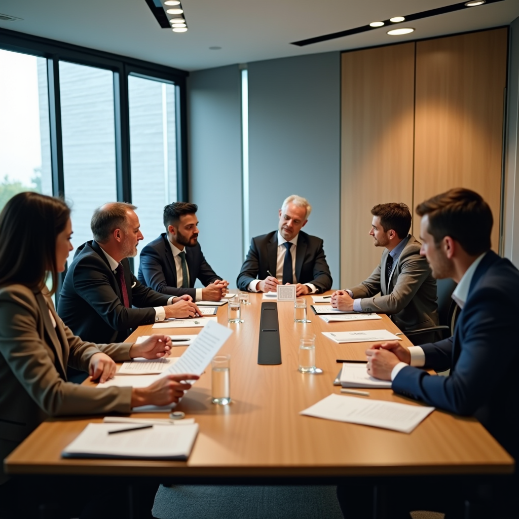 Professional governance team conducting a community board meeting in a modern conference room with diverse board members reviewing documents and engaging in collaborative discussion