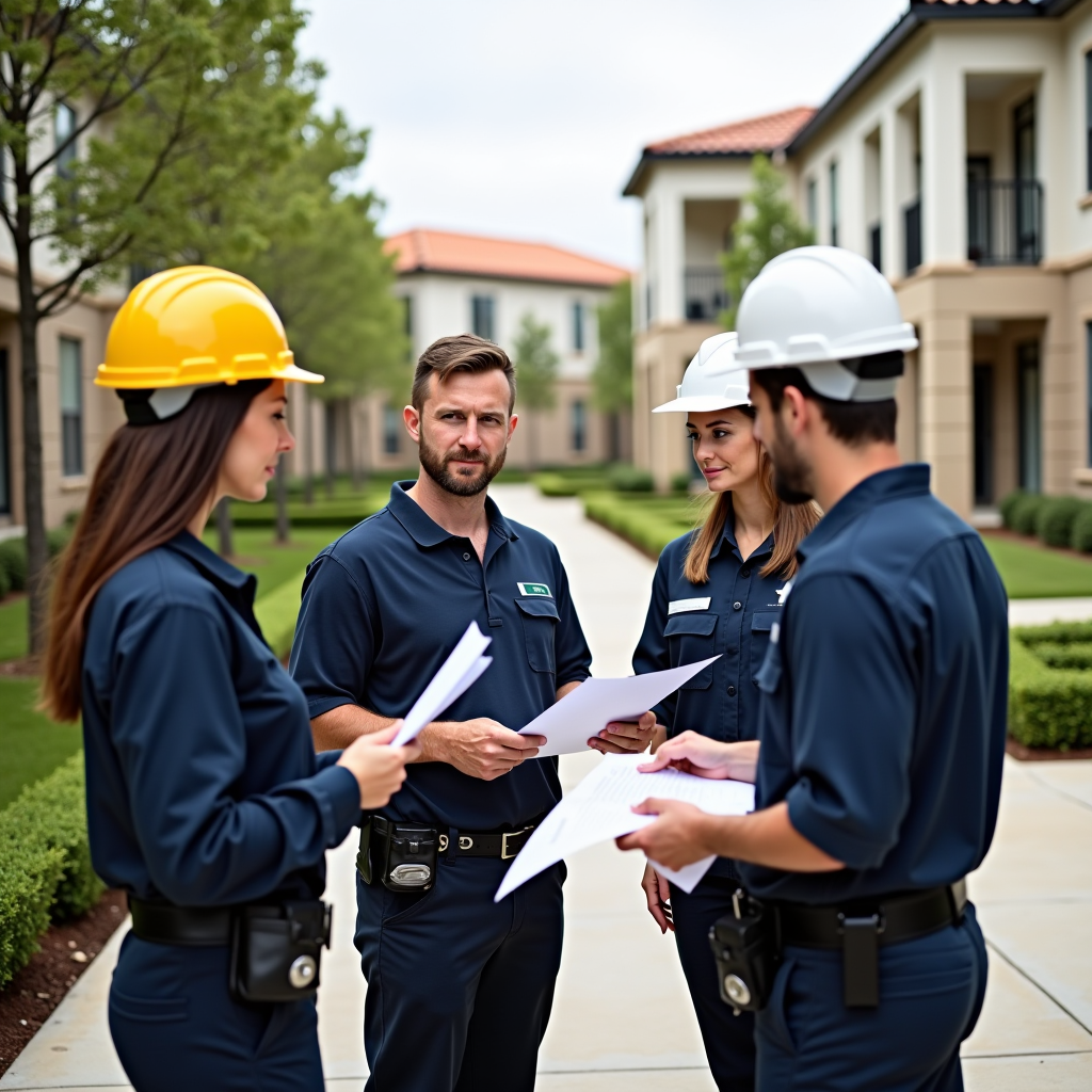 Professional property maintenance coordination team reviewing maintenance schedules and vendor contracts in a well-maintained community setting with pristine landscaping, clean common areas, and modern facilities in the background