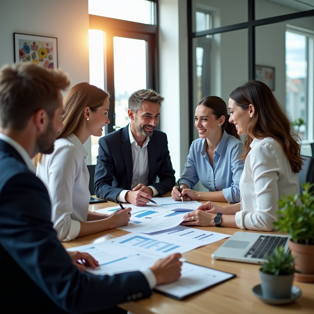 Professional financial management team reviewing homeowners association budget reports and financial statements in a modern office environment with computers and documents
