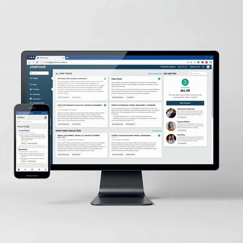 Modern digital communication dashboard showing multiple channels including email newsletters, community website interface, resident portal, and mobile notification system with clean, user-friendly design displaying community updates and announcements
