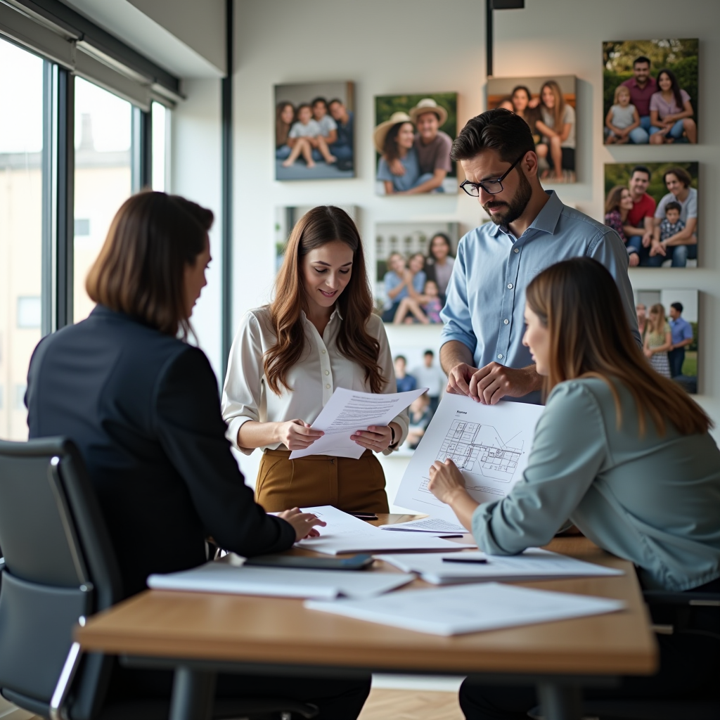 Professional community standards compliance team reviewing documents and architectural plans in modern office with community photos displayed on wall