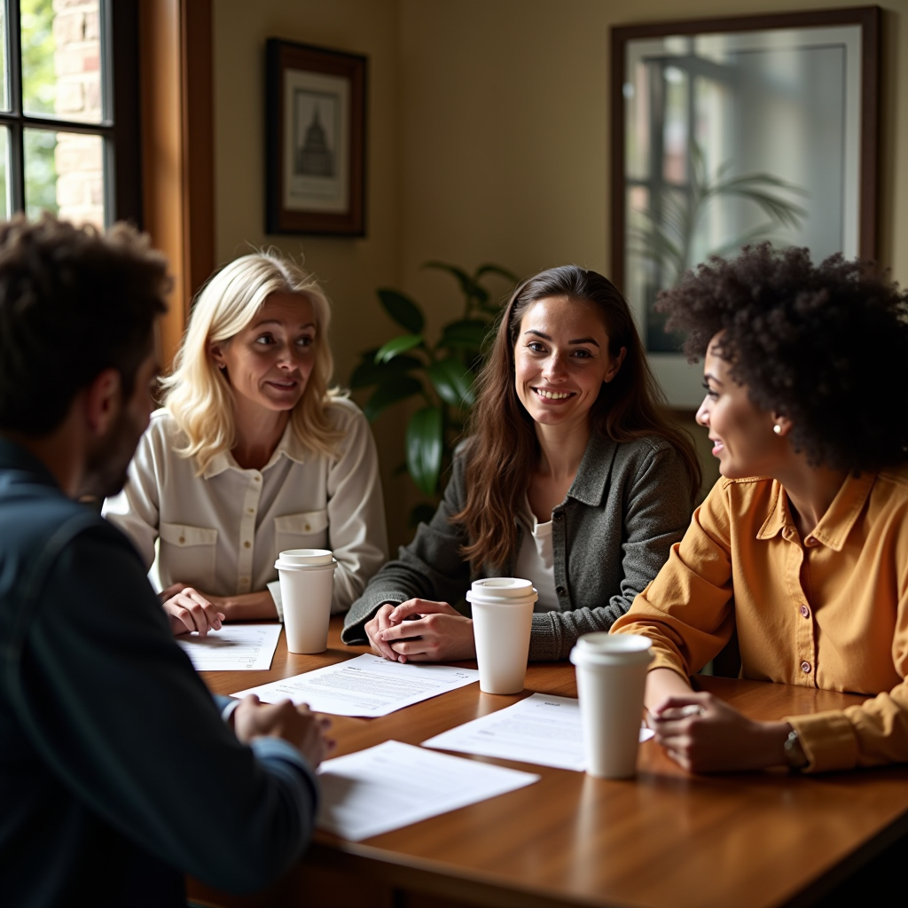 Group of diverse community volunteers sitting around a table at a neighborhood watch meeting, engaged in discussion with documents and coffee cups, warm lighting, professional yet friendly atmosphere
