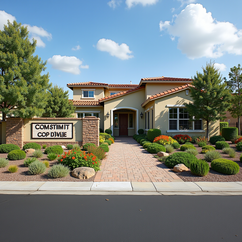 Beautiful renovated community entrance with water-efficient native plants, colorful flowers, modern irrigation system, stone borders, and welcoming signage, bright daylight, professional landscaping
