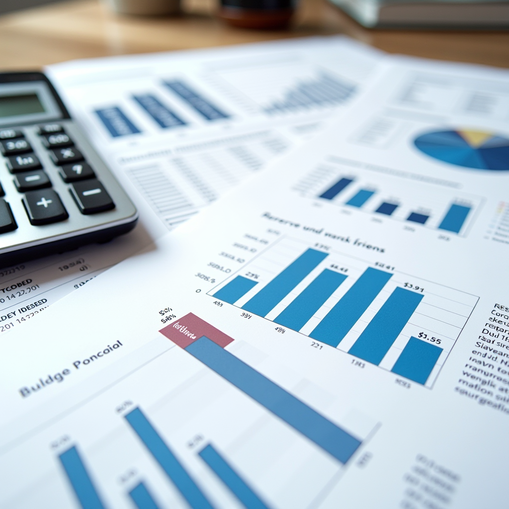 Professional financial documents and budget reports for homeowners association with calculator, charts showing reserve fund planning and transparent financial statements