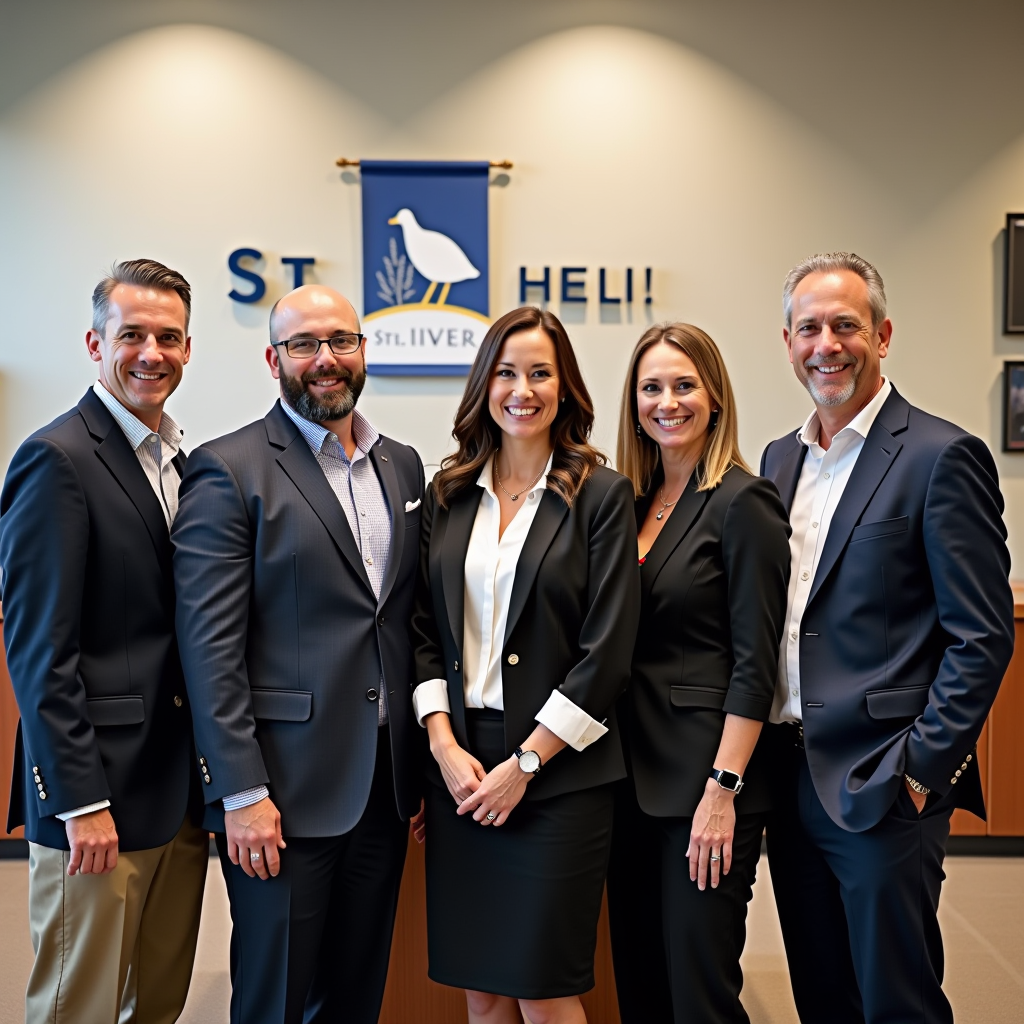 Professional group photo of five newly elected HOA board members standing together in business casual attire, smiling, in a well-lit community center meeting room with St Ives banner in background